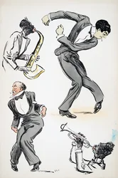 Dos hombres en trajes bailando mientras dos músicos tocan el saxofón y la trompeta, de White Bottoms, pub. 1927